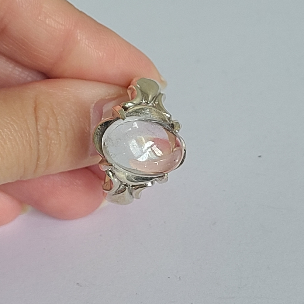 Vintage Victorian Boho Clear Quartz Cabochon Sterling Silver Cocktail Ring - Picture 7 of 13